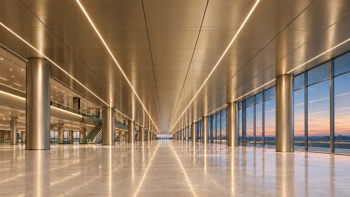 Architekturkonzept einer großzügigen Halle mit champagnerfarbenen Metallpaneelen und durchlaufenden Lichtlinien